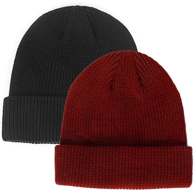 Paladoo Warm Daily Slouchy Beanie Hat Knit Cap for Men and Women (2pack Black/Rusty red) - Image 1